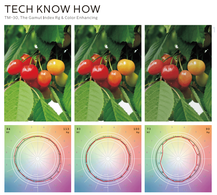 TM-30 Gamut Index Rg comparison — cherry photos and color wheels