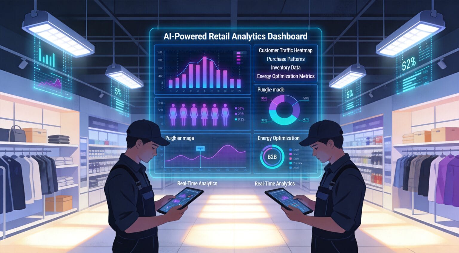 AI-powered retail analytics dashboard with smart lighting systems showing store intelligence data visualization