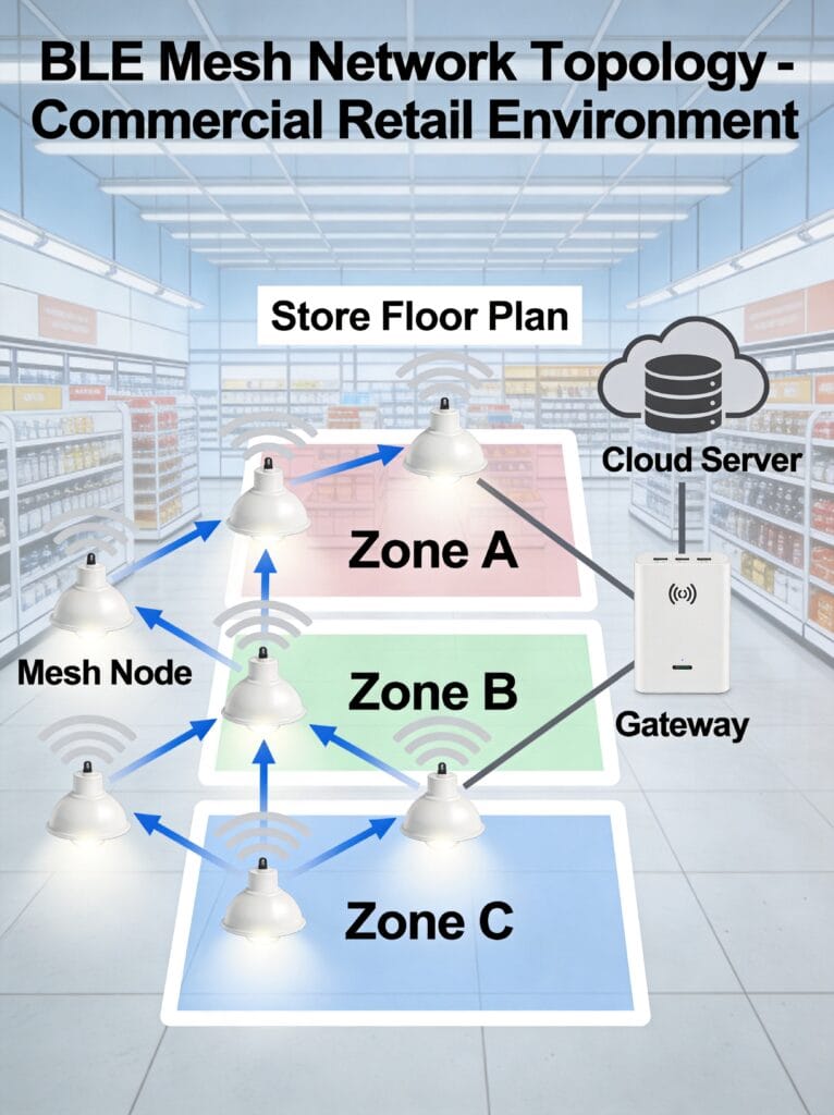 BLE Mesh network topology in commercial retail lighting
