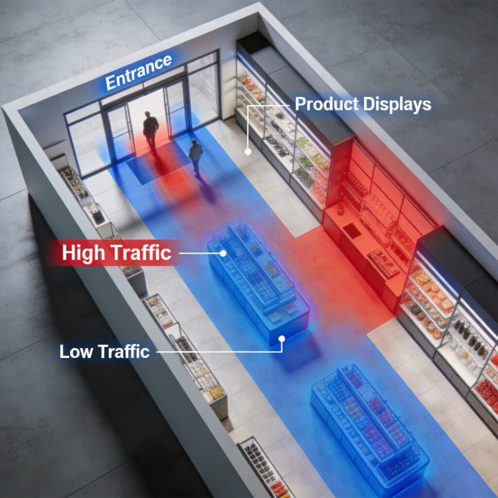 AI-powered retail heat map visualization showing customer traffic patterns