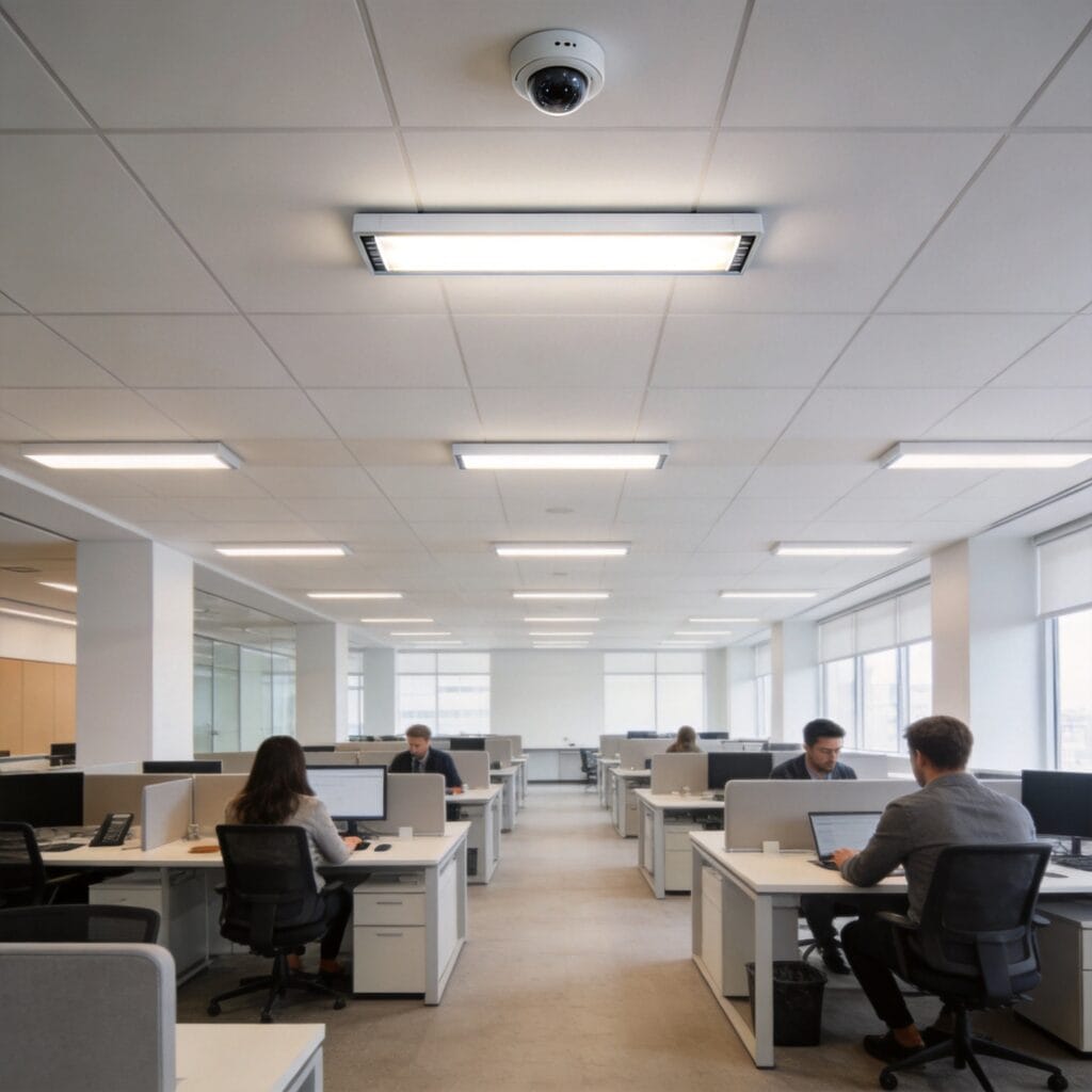 AI-powered smart lighting in modern commercial office space