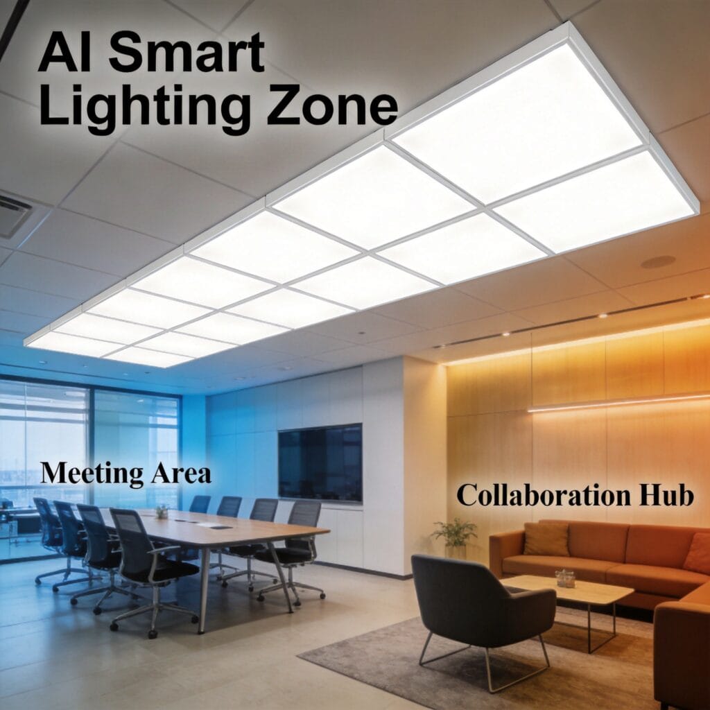 Modern commercial office space with AI-controlled smart lighting