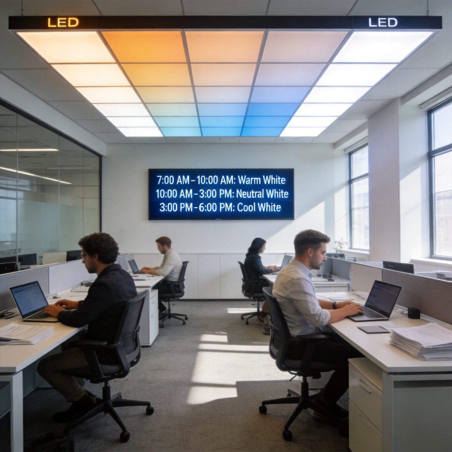 Modern office with circadian LED lighting panels