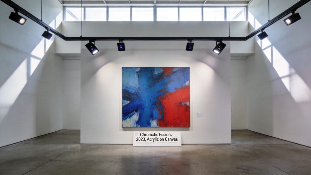 AI-powered gallery lighting system illuminating contemporary art paintings