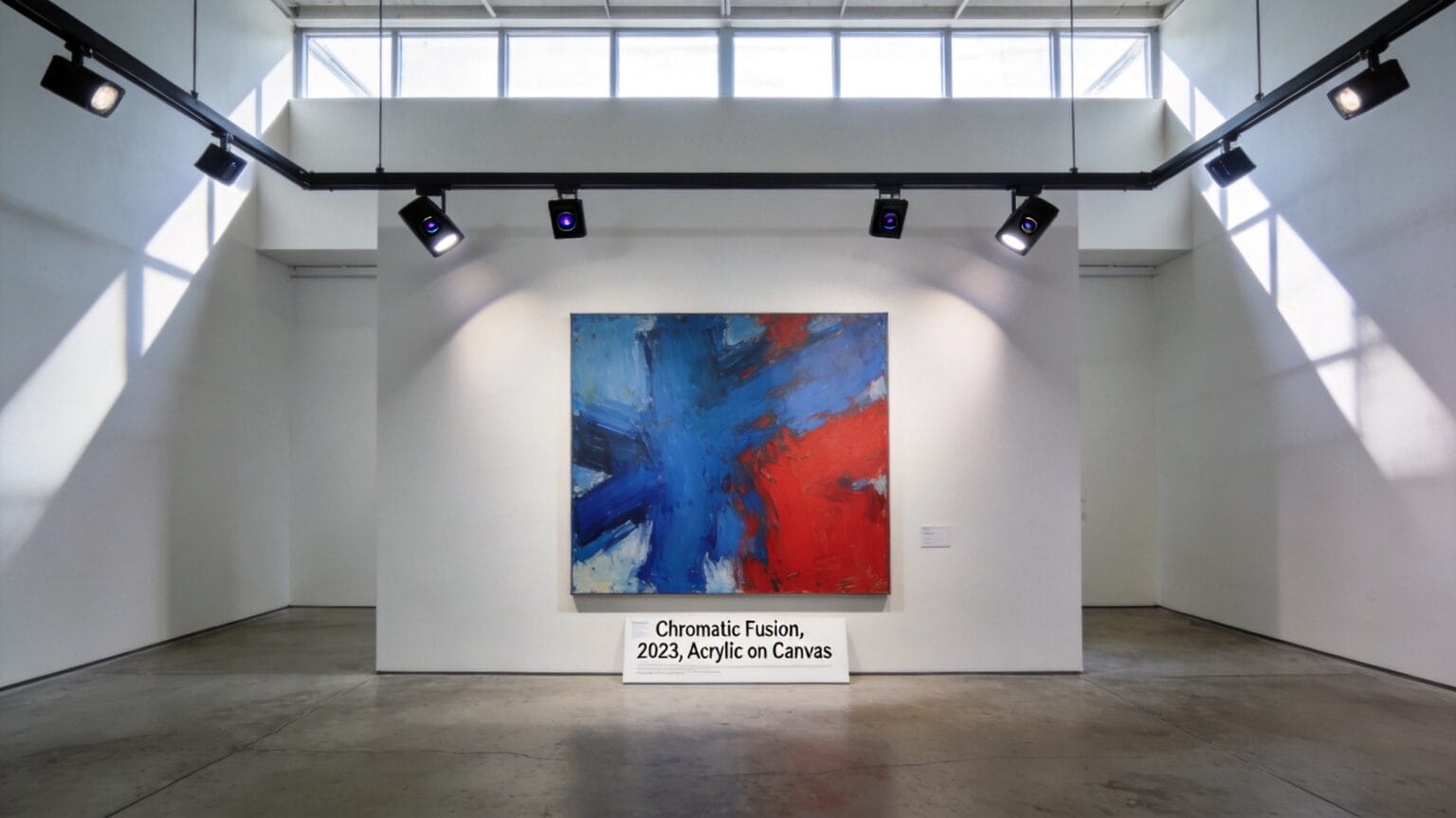 AI-powered gallery lighting system illuminating contemporary art paintings
