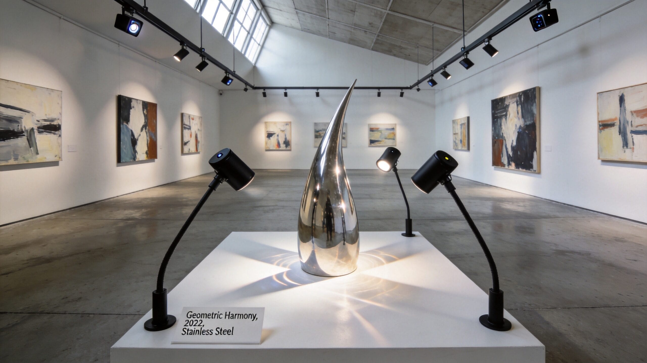 Museum visitors experiencing optimally lit artworks in modern gallery