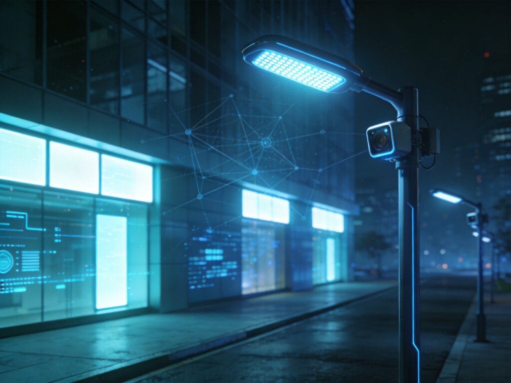 AI-powered smart street lighting in a futuristic city at night, GenAI intelligent lighting system for commercial spaces