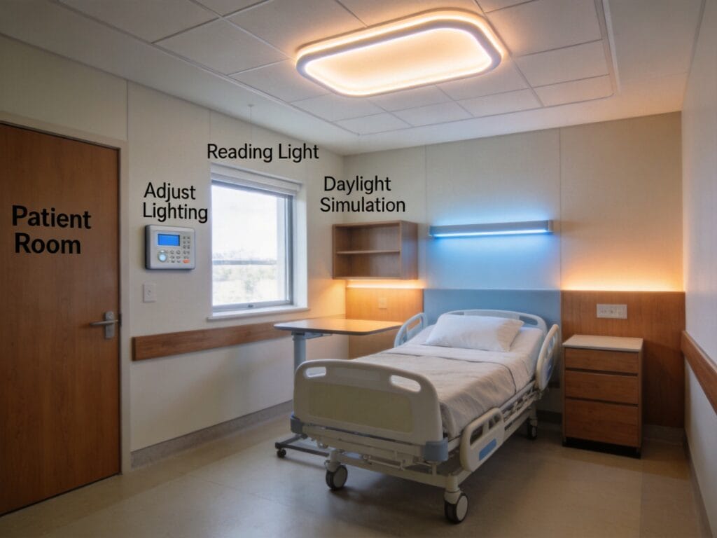 Modern hospital patient room with circadian lighting system