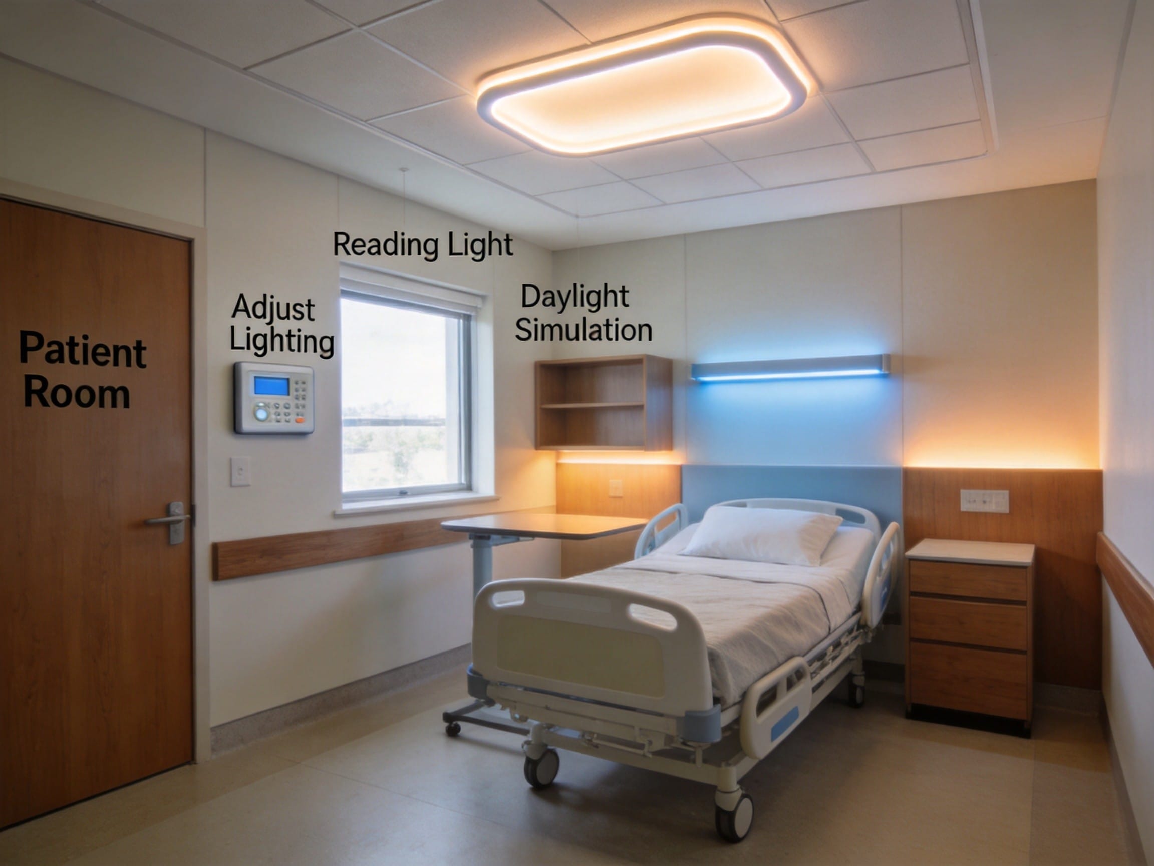 Modern hospital patient room with circadian AI lighting