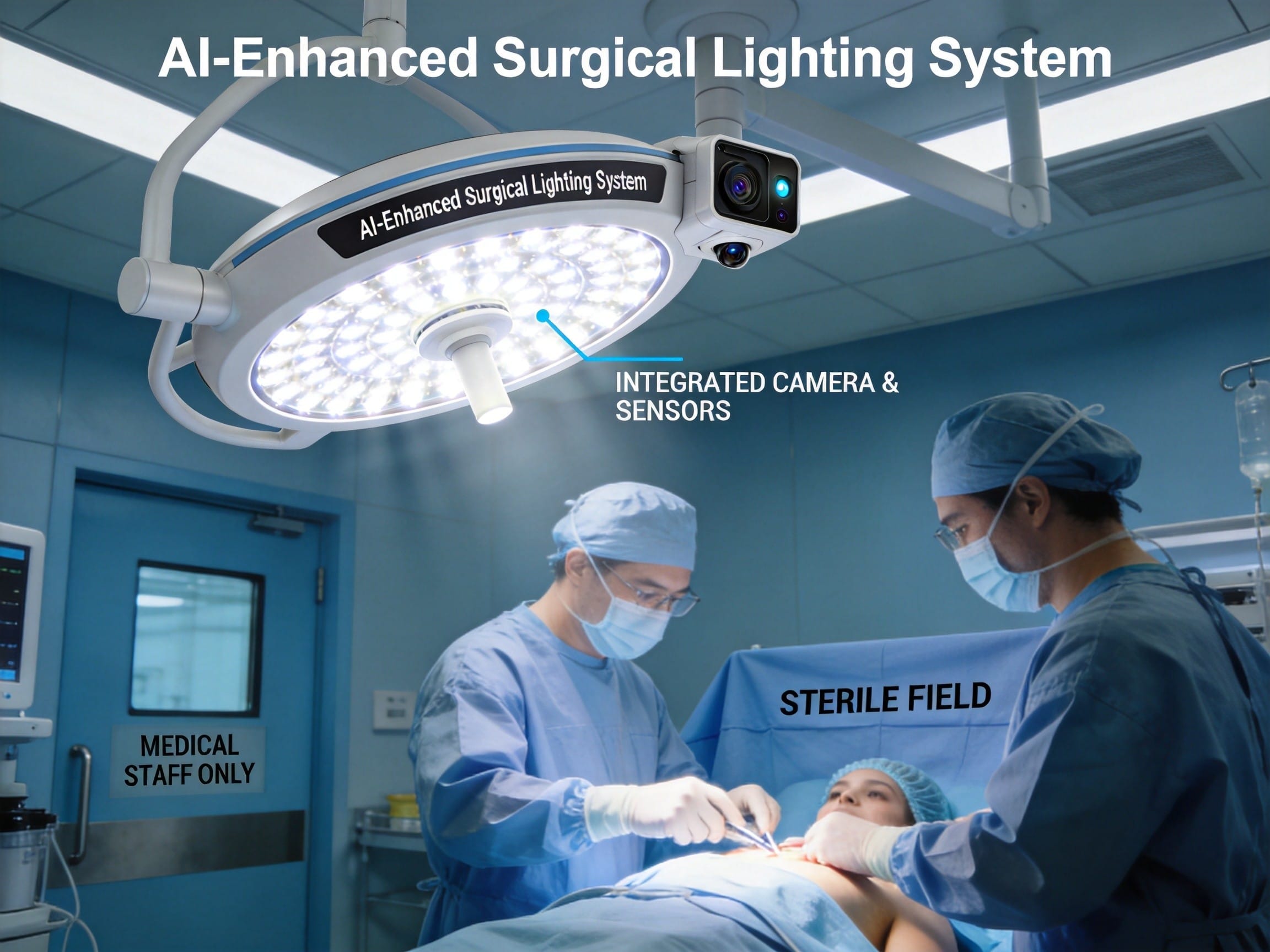 Modern surgical operating room with AI lighting system