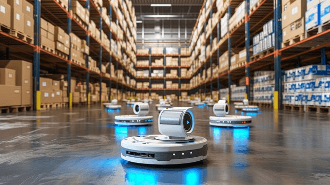 Warehouse AMR robot with navigation sensors