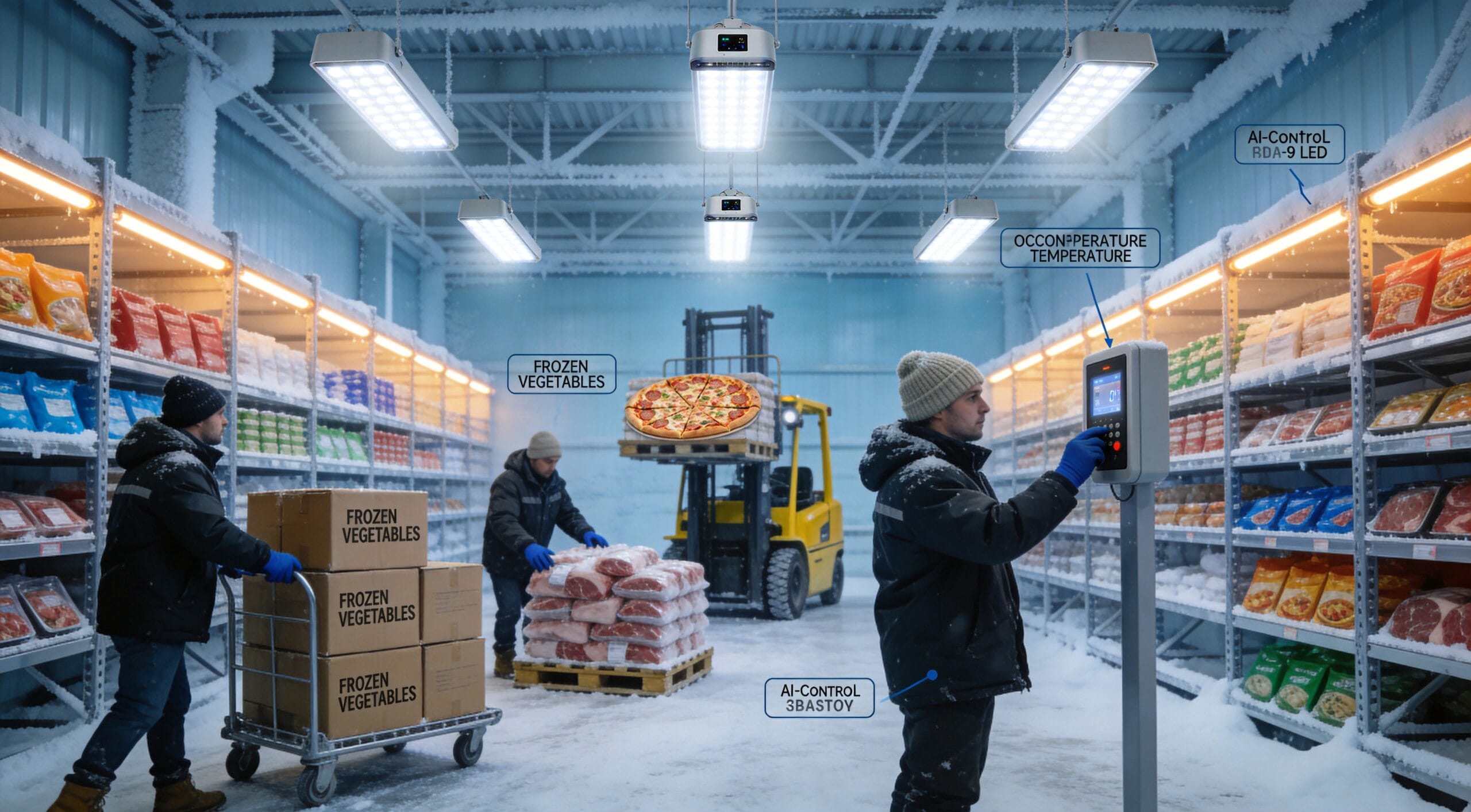 Cold storage warehouse with AI-controlled LED lighting