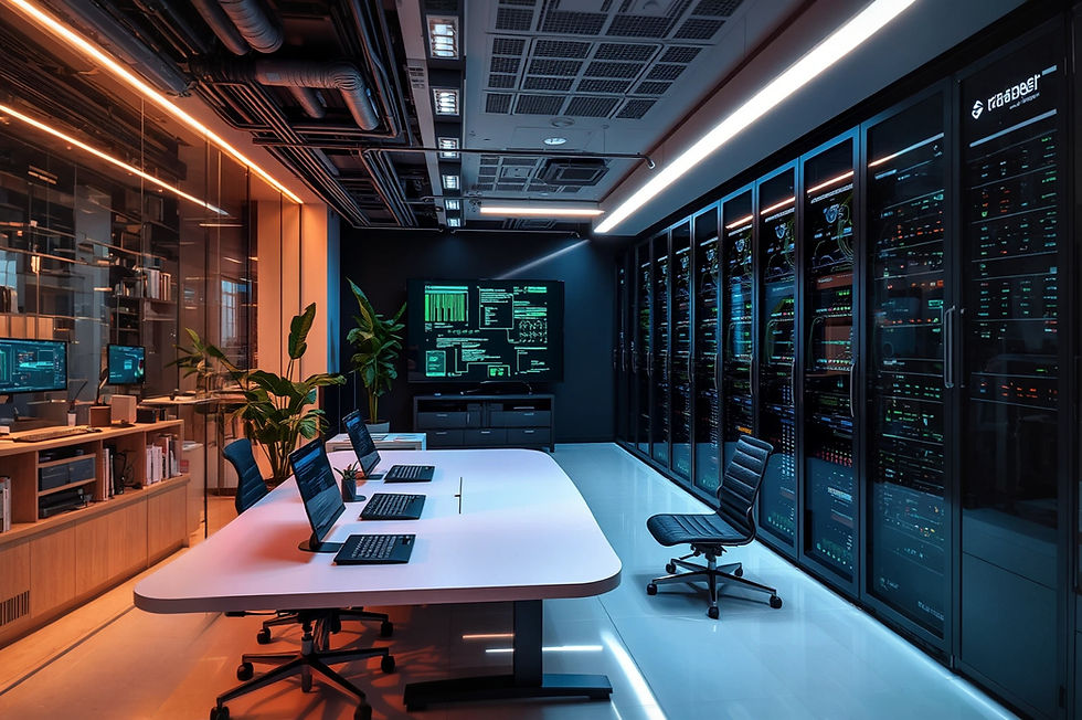 Data center server room with network infrastructure