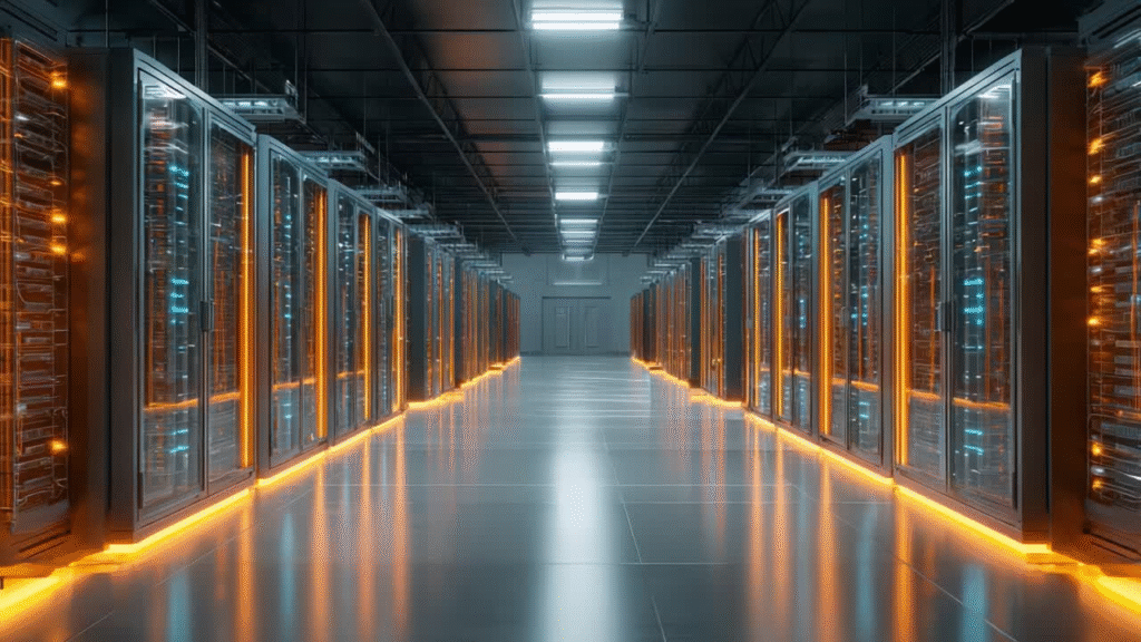 Modern data center server room with LED lighting