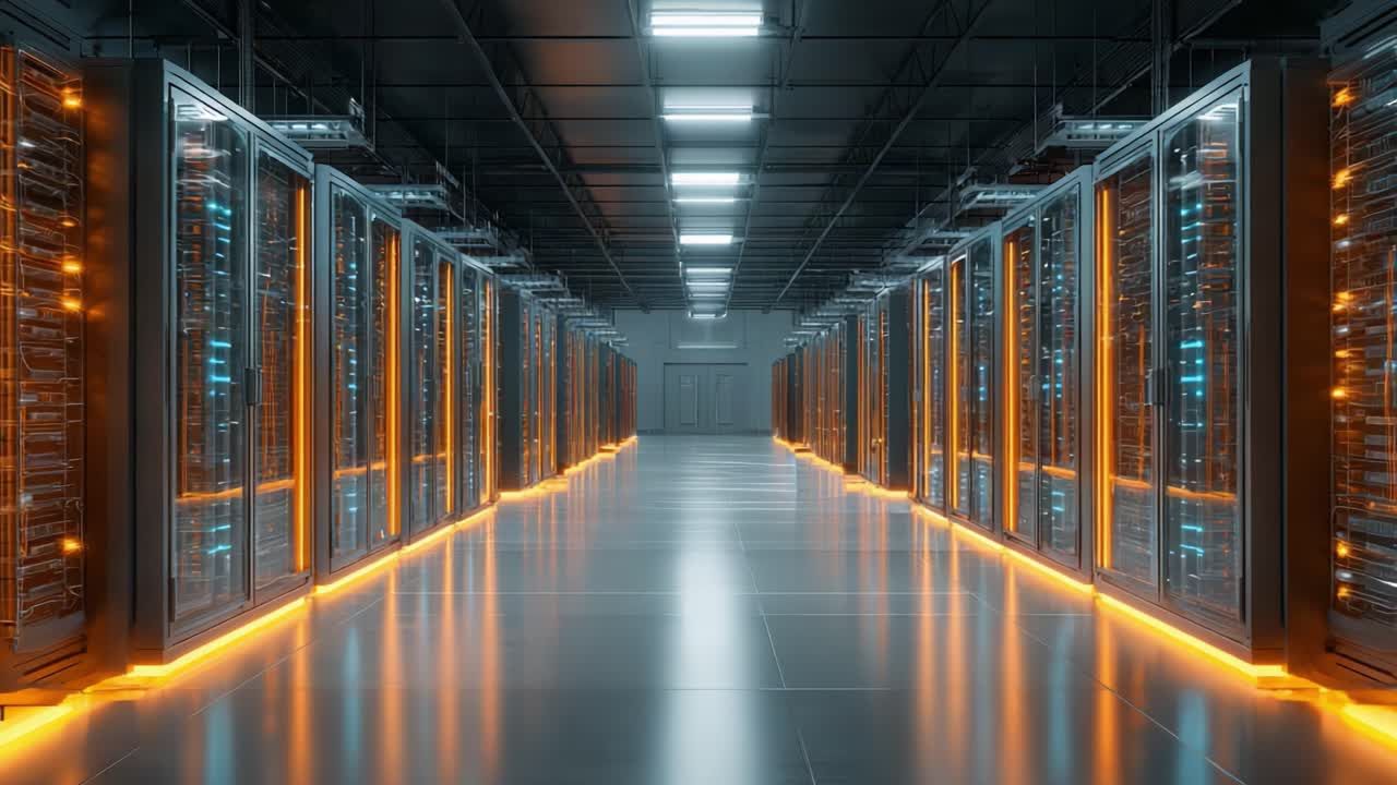 Modern data center server room with LED lighting
