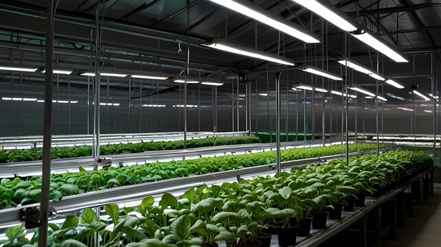 Modern greenhouse with LED grow lights