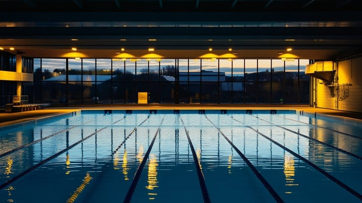 Indoor pool at dusk with natural and artificial light
