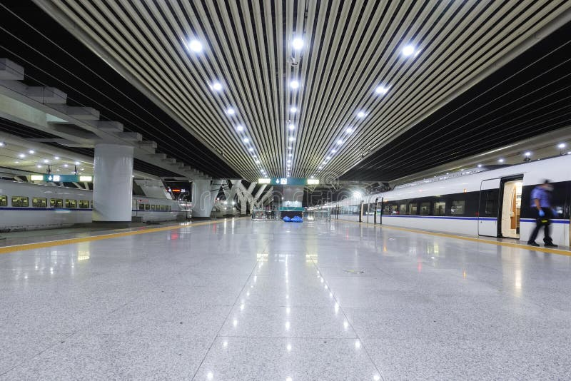 High-speed rail platform with bright illumination