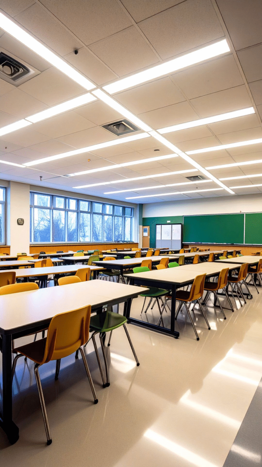 Modern school classroom with LED lighting