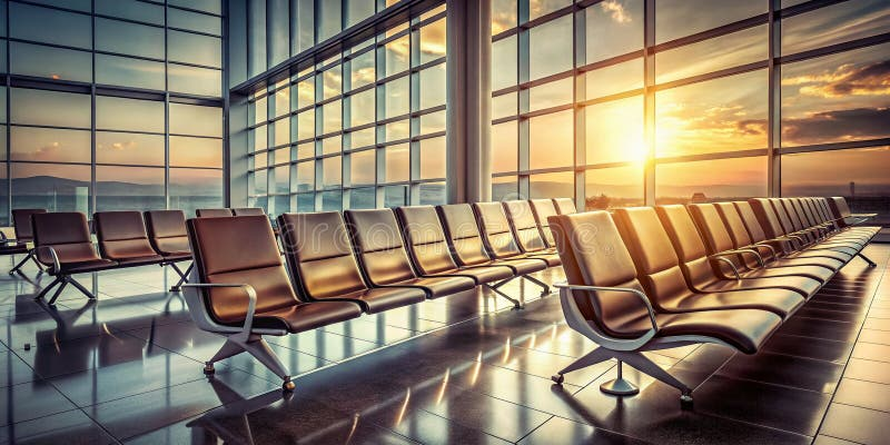 Departure lounge interior with rows of brown leather seats facing floor-to-ceiling windows, warm golden sunset light streaming through the glass curtain wall, polished floor reflecting the warm tones
