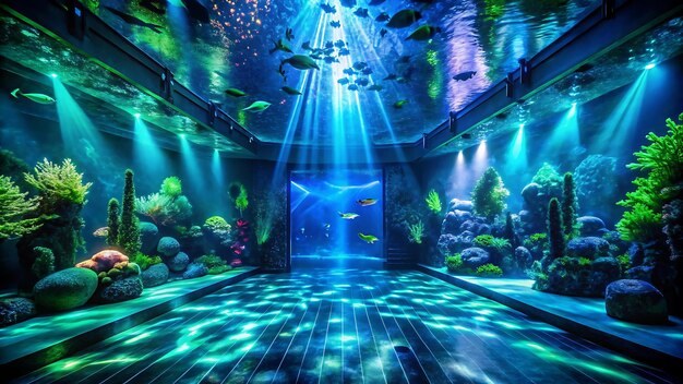 Wide underwater tunnel view with sharks, rays, and tropical fish visible through curved acrylic panels in a public aquarium