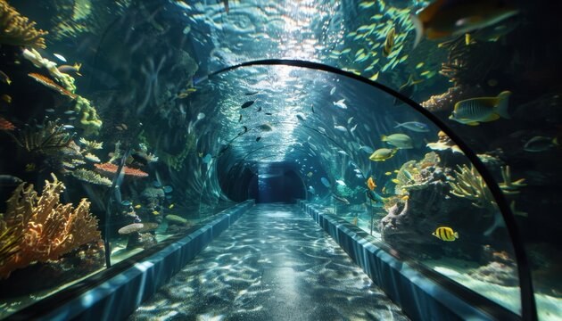 Underwater tunnel at a public aquarium with sharks and reef fish swimming past acrylic viewing panels