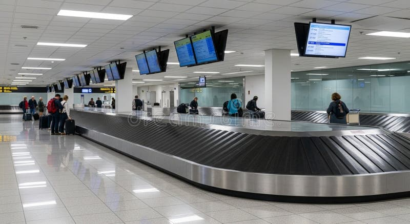 Wide view of a modern airport baggage claim hall showing multiple silver conveyor carousels with passengers waiting for luggage, bright overhead recessed lighting, flight information display screens above, and a polished terrazzo floor reflecting the cool white light