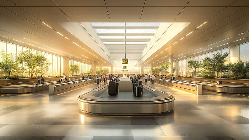 Modern airport baggage claim interior featuring natural light streaming through long skylights and large windows, multiple conveyor carousels with black suitcases on the silver belts, polished beige and grey tile flooring reflecting warm light, potted plants along the windows, and a Q5 gate marker on a pillar in the background