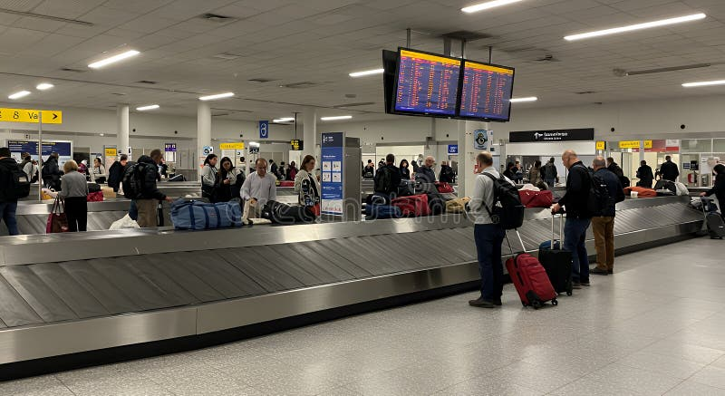 Passenger area at a baggage claim hall showing travelers in winter coats pulling suitcases from a silver carousel, with flight information display screens hanging from the ceiling showing yellow and red information panels, and bright overhead lighting on a polished light-colored tile floor