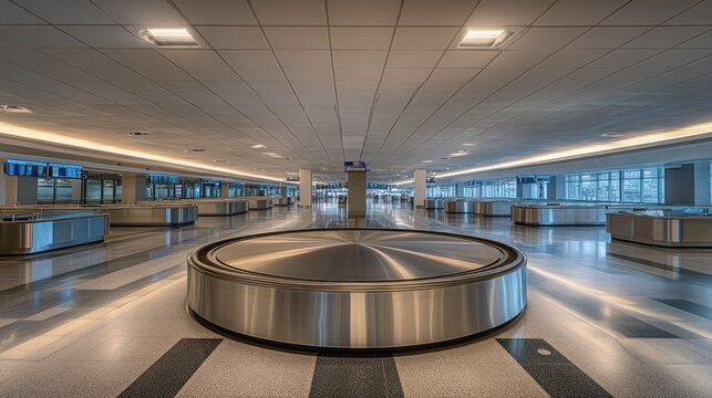 Multiple airport baggage claim carousels lined up in perspective view, with a polished granite floor reflecting overhead downlight, a grid ceiling with rectangular recessed fixtures, and silver carousel surfaces extending into the distance