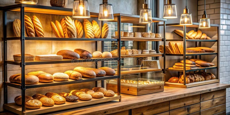 Artisan bread warm-lit shelves bakery