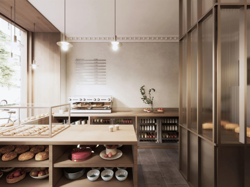 Bakery interior with warm ambient lighting