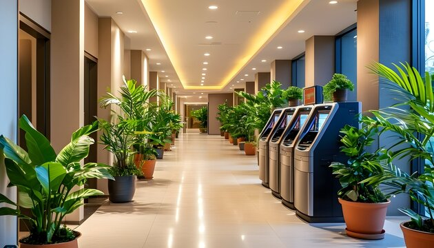Modern bank ATM lobby interior showing a row of self-service terminals along the right wall, polished tile floor reflecting warm overhead recessed lighting, green plant decorations along the left side, a clean professional environment with bright ceiling lights and a calm organized atmosphere