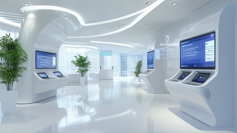Modern futuristic bank ATM lobby interior with white self-service terminals, blue accent lighting, light reflective polished floor, green plant decorations, and large windows showing a bright clean architectural environment with rows of ATMs