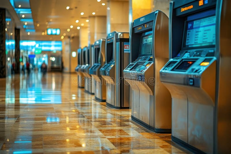 Wide view of a modern bank ATM lobby with a row of self-service terminals along the right wall, polished marble or terrazzo floor reflecting warm overhead lighting, a yellow accent wall on the left with display screens, and a clean professional banking environment with bright ceiling downlights and ATM screens glowing blue
