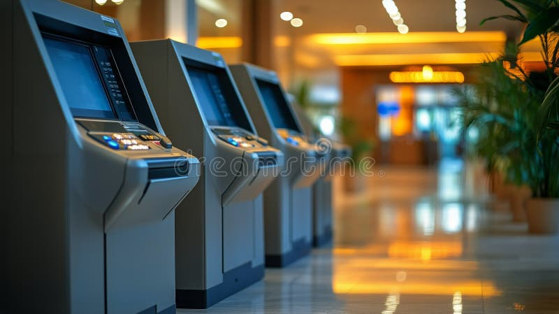 Bank ATM lobby perspective view showing a row of self-service terminals receding into the distance, light gray polished floor, ceiling with circular and linear overhead lights, green plant decorations in the background, and a clean modern banking environment with bright professional lighting