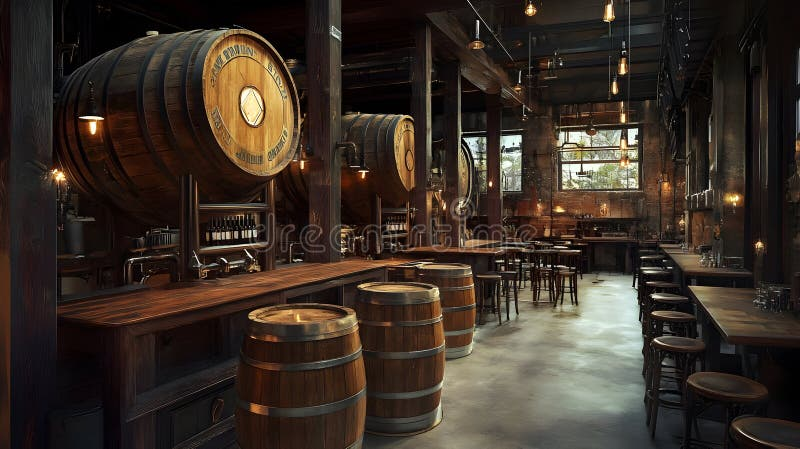 Craft distillery barrel room with warm atmospheric lighting