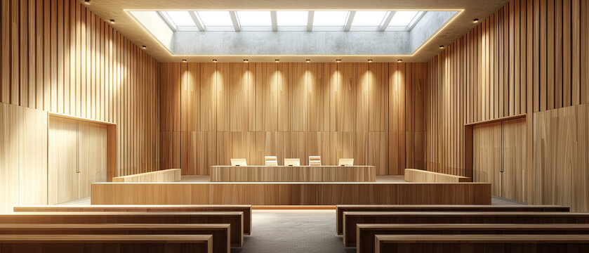 Modern American courtroom interior showing judicial bench, witness stand, and jury seating under warm architectural lighting