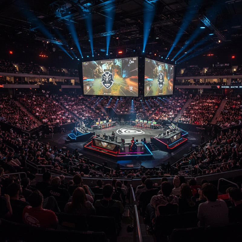 Professional esports arena with tiered seating and stage lighting rig
