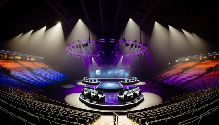Empty esports stage with dramatic overhead spotlights and competition setup
