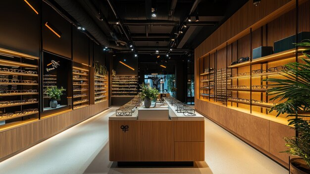 Modern eyewear store interior with balanced ambient and display lighting