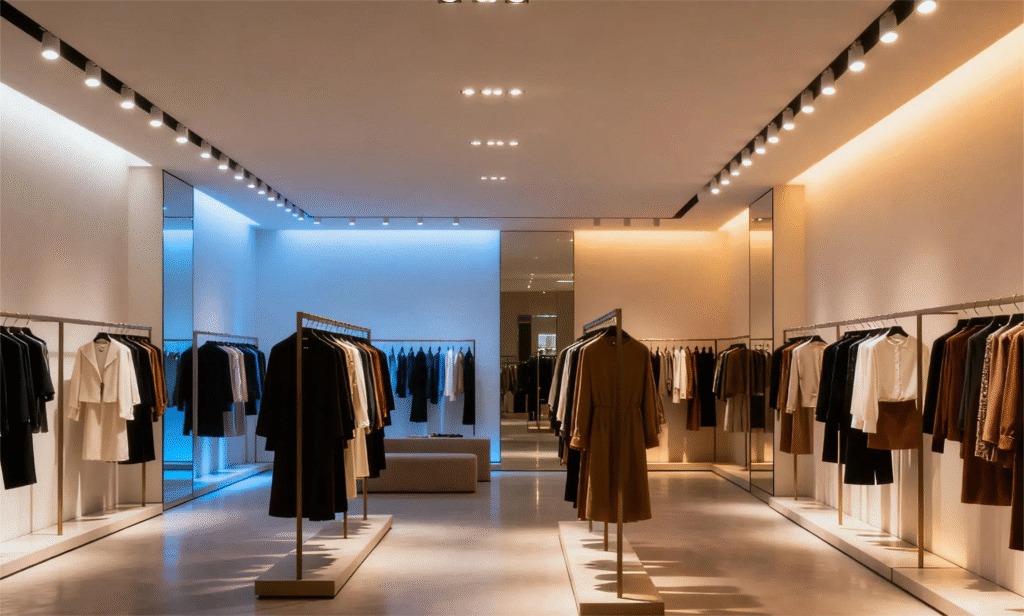 Modern fashion clothing store with track lighting