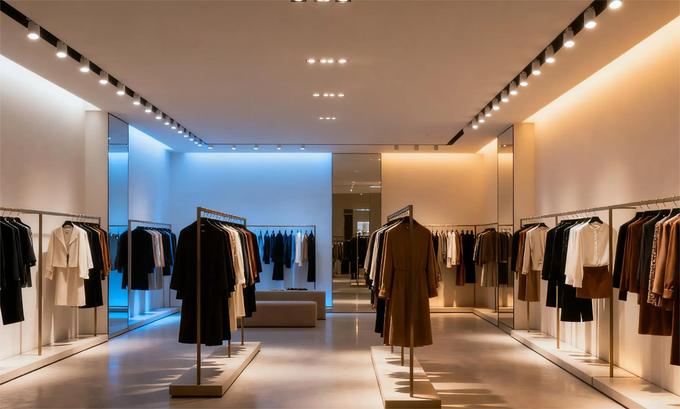Modern fashion clothing store interior with track lighting and warm ambient illumination