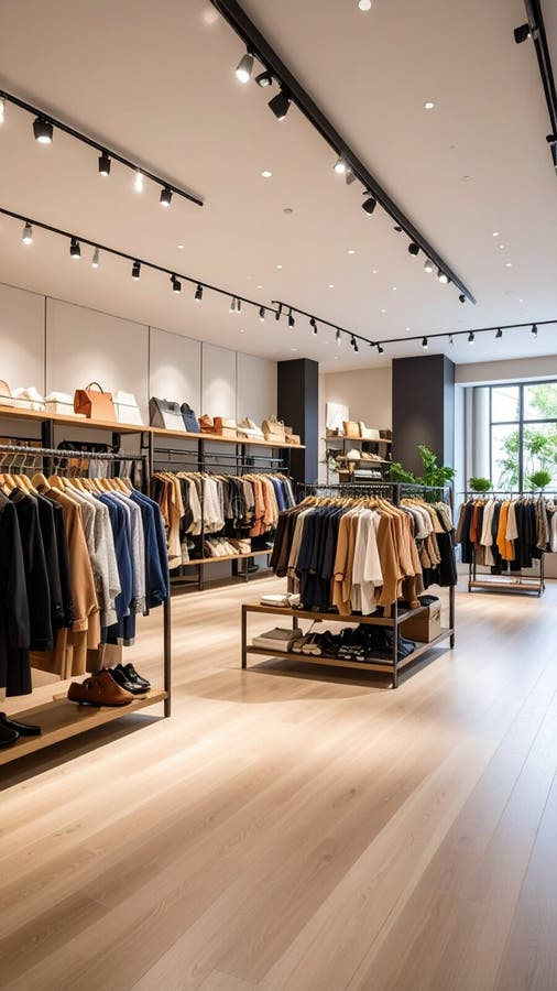 Fashion boutique interior with track lighting illuminating clothing displays