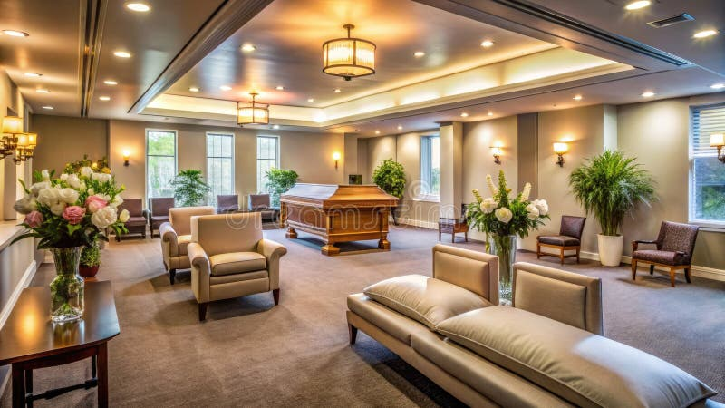 Tasteful funeral home visitation room with warm recessed lighting and casket display