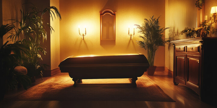 Memorial casket room with cross mirror wall sconces and warm candlelight ambiance