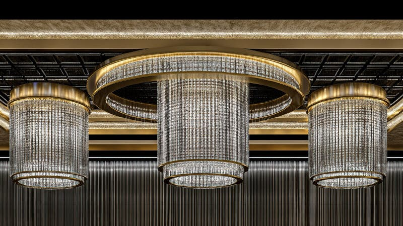 Three large crystal chandeliers with gold-finished circular frames hanging in an ornate hotel ballroom against a dark ceiling with decorative panels, casting warm light through the crystal elements