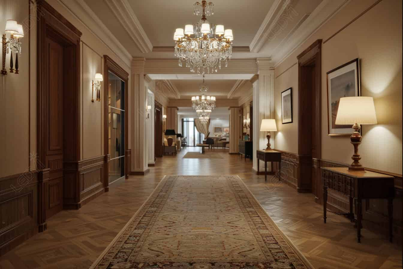 Elegant hotel corridor with a long patterned runner carpet over herringbone wood flooring, classic wall sconces with crystal accents and warm shades on both sides, ornate molding and wood paneling, and a crystal chandelier hanging in the foreground, leading toward a bright sitting area at the end
