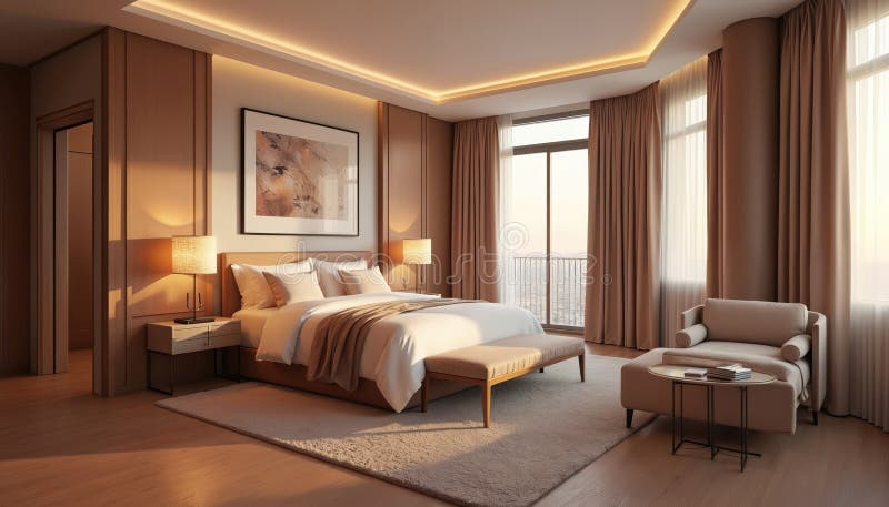Warmly lit modern hotel guestroom with a large bed dressed in white linens, beige and brown throw pillows, ambient cove lighting around the ceiling perimeter, two bedside table lamps with warm shades, and a small seating area near a curtained window