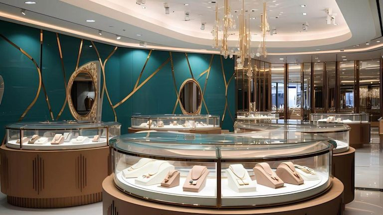 Jewelry showcase with professional spotlight display lighting